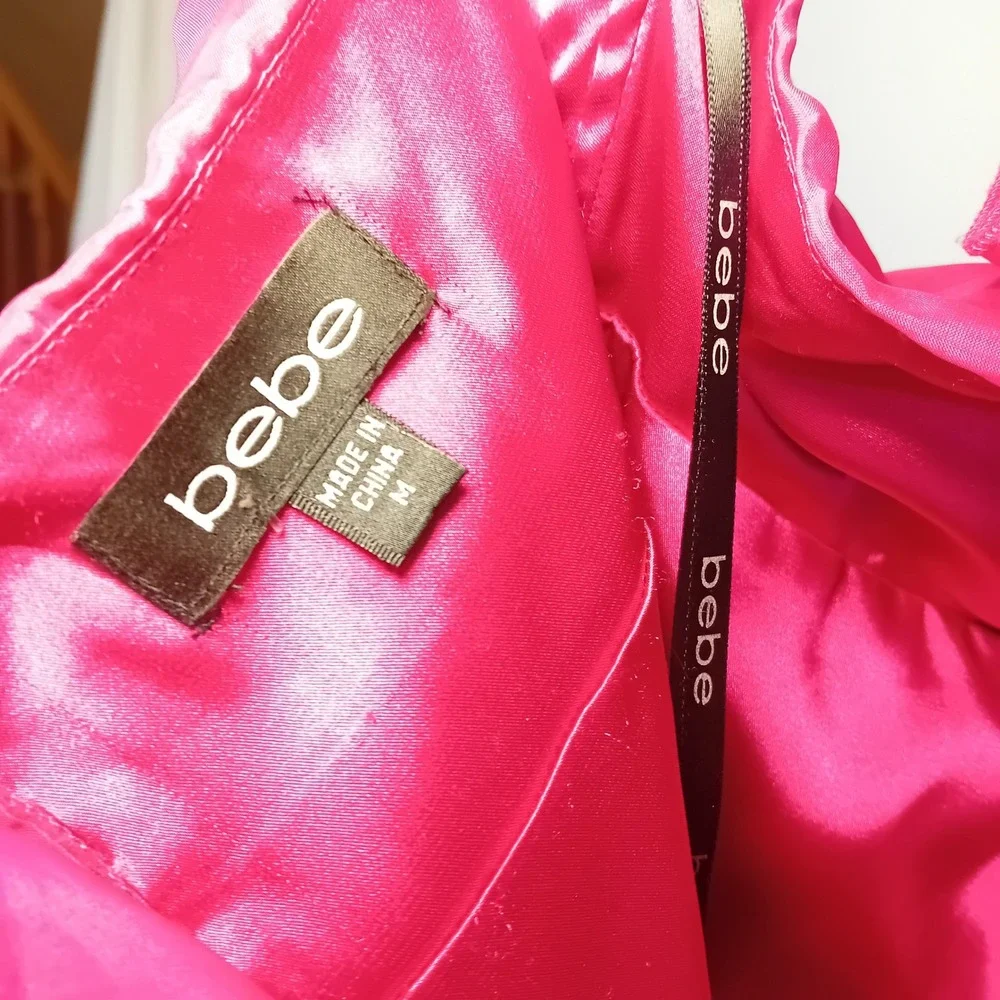 Vintage Y2K Bebe 100% Silk Mini Dress Hot Pink Ruffle One Shoulder Corset Back M - Picture 15 of 16